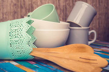 kitchen utensils on wooden table