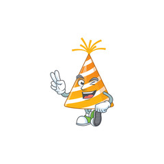 smiling yellow party hat cartoon mascot style with two fingers