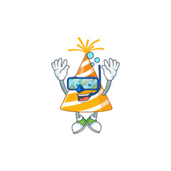 cartoon drawing concept of yellow party hat wearing cool Diving glasses ready to swim