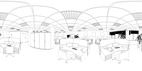 spherical panorama of the interior, contour visualization, 3D illustration, sketch, outline