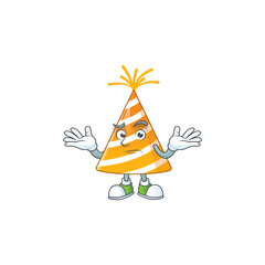 A cartoon image of yellow party hat in smirking face