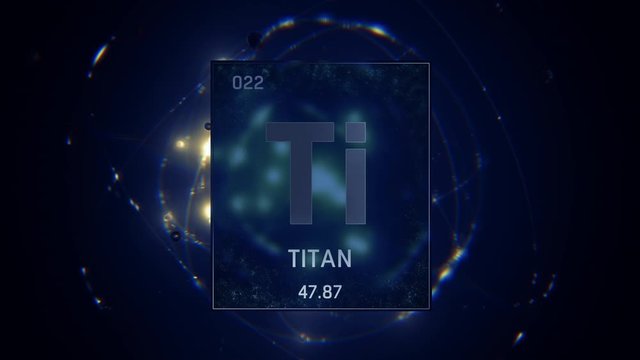 Titanium as Element 22 of the Periodic Table. Seamlessly looping 3D animation on blue illuminated atom design background orbiting electrons name, atomic weight element number in German language