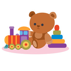 little bear, train, pyramid, flat, isolated object on a white background, vector illustration,