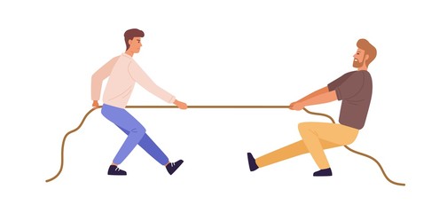Tug of war man versus guy vector flat illustration. Battle or competition between male to leadership isolated on white background. Rivals person pulling opposite ends of rope © Good Studio