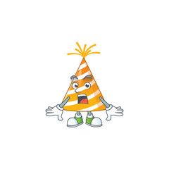 A caricature concept design of yellow party hat with a surprised gesture