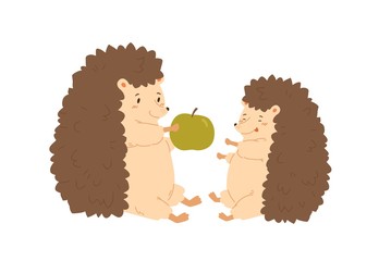 Funny hedgehog parent give green fresh apple to child vector flat illustration. Cartoon forest animal family sitting together isolated on white background. Colorful cute kid and lovely mother