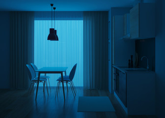 Kitchen interior in a modern style. Night. Evening lighting. 3D rendering.