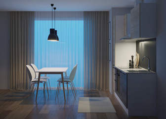 Kitchen interior in a modern style. Night. Evening lighting. 3D rendering.