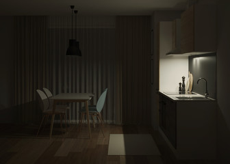 Kitchen interior in a modern style. Night. Evening lighting. 3D rendering.