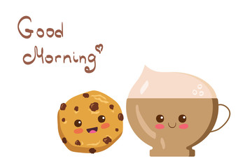 Kawaii Cappuccino & Cookie vector characters isolated on white background. Funny smiling coffee with foam & hand written Good Morning lettering. Cute yummy breakfast illustration. Kids menu concept. 