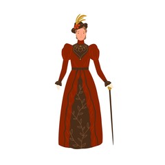 Fototapeta premium Elegant smiling woman wearing retro style apparel vector flat illustration. Adorable female standing in vintage dress and hat holding cane isolated on white background. Fashion of 1890s