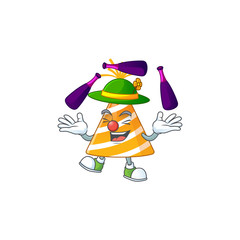 Yellow party hat mascot cartoon design playing Juggling on circus