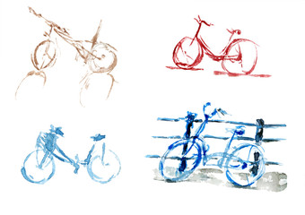 Watercolor set of bicycles in blue, red, brown colors. Watercolor Illustration isolated on white background. Can be used for interiors, backgrounds, invitations, cards, wallpapers, , fabrics.