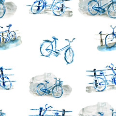 Watercolor bicycles seamless pattern. Blue bicycles on white background. Can be used for interiors, backgrounds, invitations, cards, wallpapers, , fabrics.