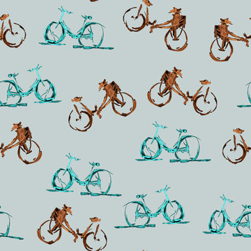Watercolor bicycles seamless pattern. brown and blue bikes on white background. Can be used for interiors, backgrounds, invitations, cards, wallpapers, , fabrics.