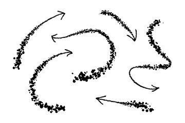 Set of hand drawn arrows with dots. Spray texture shape, design element.