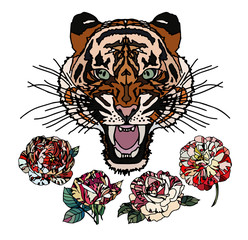 Tiger roar with flowers vintage vector illustration