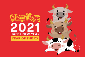 Happy Chinese new year greeting card. 2021 Ox zodiac.  Animal holidays cartoon character. Translate: Happy New Year, Ox. -Vector