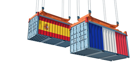 Shipping containers with Spain and France flag isolated on white - 3D Rendering