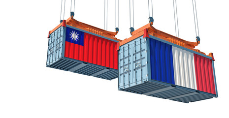 Shipping containers with Taiwan and France flag isolated on white - 3D Rendering