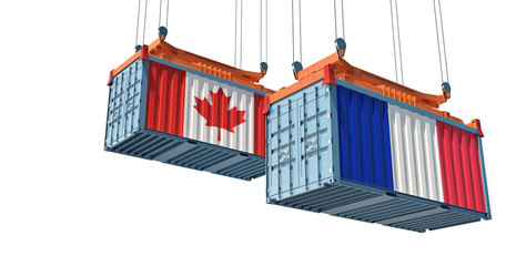 Shipping containers with Canada and France flag isolated on white - 3D Rendering