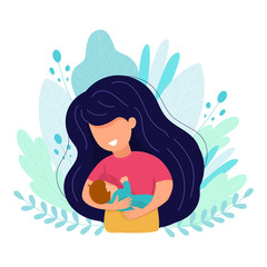 Vector cartoon illustration of Beautiful mother breastfeeds her baby child holding him in hands. Breastfeeding illustration. Mother feeds a baby on leaves background.