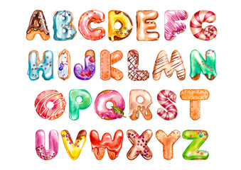 Set of sweet donut glazed letters, watercolor. ABC children's alphabet in the style of bakery doughnuts, cookies,and caramels,the sweet frosting.Font for greeting party, birthday, postcards. © Ekaterina