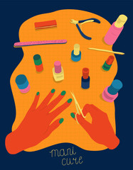 Female hands coloring nails manicure surrounded by tools and cosmetics for nail care, top view. Colorful vector illustration in flat cartoon style.