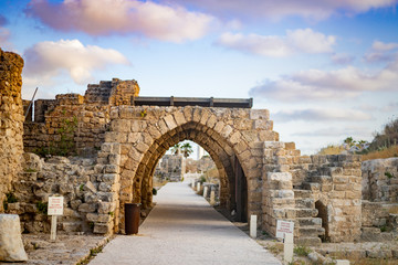 Caesarea, Israel, may 2020 : ruins of Caesarea fortress built by Herod the Great near Caesarea city, on the shores of the Mediterranean Sea, in Israel