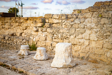 Caesarea, Israel, may 2020 : ruins of Caesarea fortress built by Herod the Great near Caesarea city, on the shores of the Mediterranean Sea, in Israel