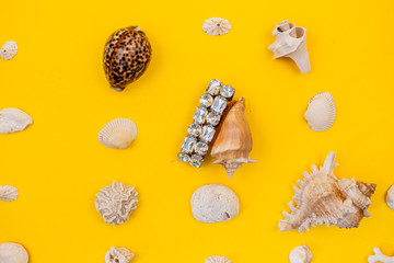 Beautiful necklaces are laid with shells. Costume jewelry is perfectly harmonises with yellow...