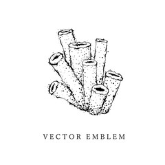 Hand drawn black contour coral. Outline, cartoon, tattoo design with dots, spray texture.