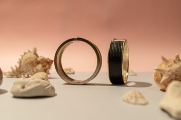 Beautiful necklaces are laid with shells. Costume jewelry is perfectly harmonises with pink color....