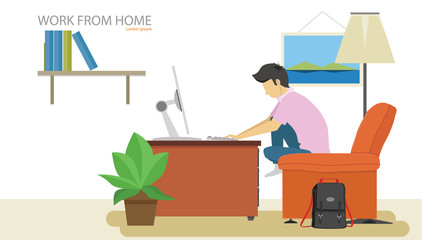 Man sitting on sofa orange color. Working computer on table. with bag black colo place beside sofa. With a picture frame and a bookshelf on a white rope.