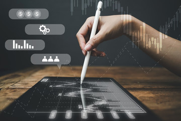 Internet, Business and technology concept. Icons, diagrams and graphs background on virtual screen.