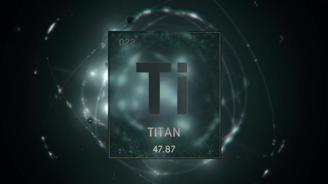 Titanium as Element 22 of the Periodic Table. Seamlessly looping 3D animation on green illuminated atom design background orbiting electrons name, atomic weight element number in German language