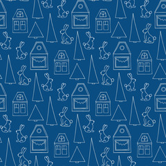Christmas Night Seamless Pattern with Rabbits, Fir Trees and Houses on Blue Background