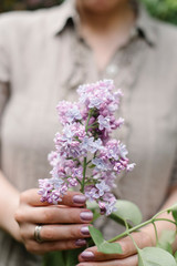 Fototapeta premium a bouquet of lilacs with woman hands
