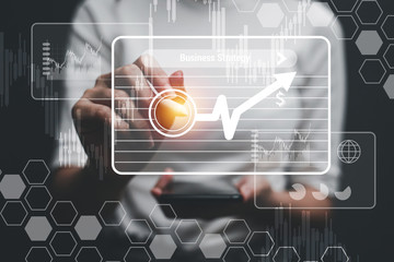 Concept of business woman, push button projected as holographic technology, proactive business plan, business strategy, virtual image.