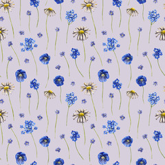 Seamless pattern with watercolor wildflowers. Hand drawn illustration is isolated on grey. Floral ornament with flowers is perfect for linens design, wedding decor, interior wallpaper, fabric textile