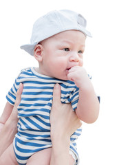 baby asian sucking on its fingers, Isolated on white background