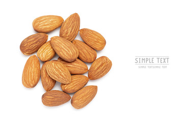 Salted almonds isolated on white background, top view, Copy space