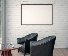 Mock up poster frame in interior background, living room, Scandinavian style, 3d render. 3D illustration.