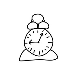 One vector alarm clock hand drawn black line.A thing and an accessory for studying on a white background.A simple illustration of the doodle style office.Design for posters,social networks,web,card.