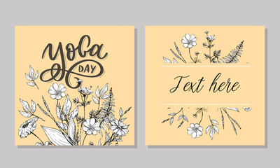Lettering Yoga. Vector background International Yoga Day. Vector design for poster, T-shirts, bags. Yoga typography. Vector elements for labels, logos, icons, badges.