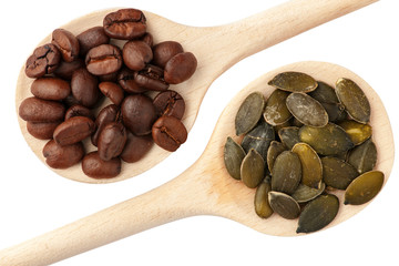 Fototapeta premium Seeds pumpkin and Koffee beans on spoons