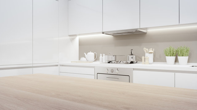 Cabinet of modern kitchen in luxury house. Home interior 3d rendering with empty wooden top counter for product display.