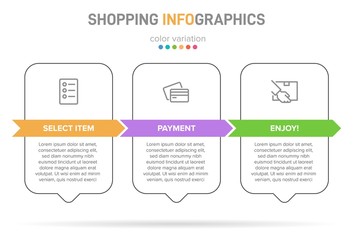 Concept of shopping process with 3 successive steps. Three colorful graphic elements. Timeline design for brochure, presentation, web site. Infographic design layout.