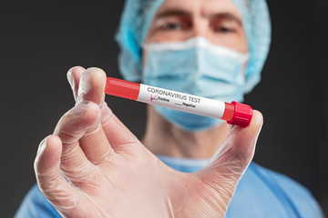 Doctor showing tube with coronavirus test