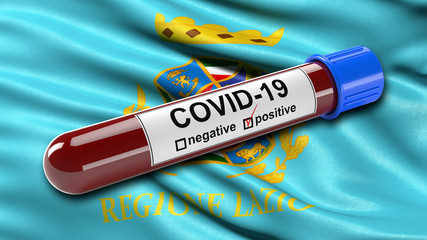 Italian state flag of Lazio waving in the wind with a positive Covid-19 blood test tube. 3D illustration concept for blood testing for diagnosis of the new Corona virus.